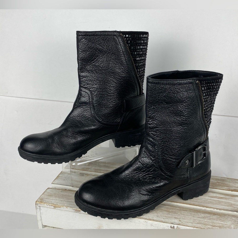 Gianni Bini black leather studded combat moto riding boots women’s size 5.5M